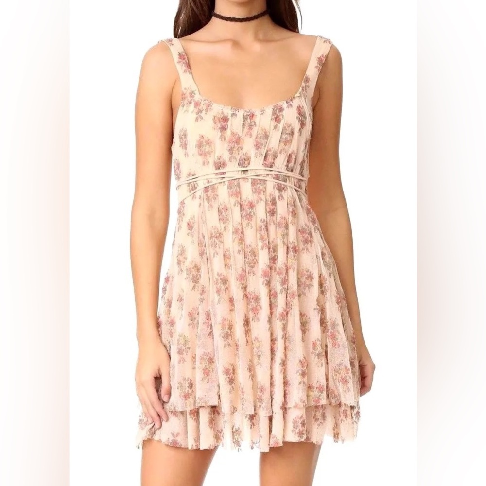 Free People Natural Heart It Races Floral Stretch Mesh Gauze Mini Dress NWT